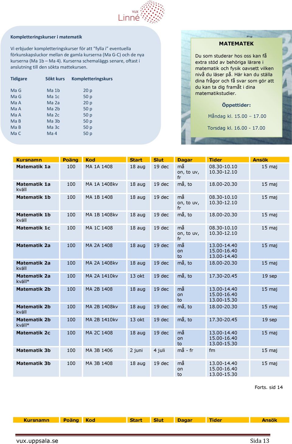 Tidigare Sökt kurs Kompletteringskurs Ma G Ma 1b 20 p Ma G Ma 1c 50 p Ma A Ma 2a 20 p Ma A Ma 2b 50 p Ma A Ma 2c 50 p Ma B Ma 3b 50 p Ma B Ma 3c 50 p Ma C Ma 4 50 p MATEMATEK Du som studerar hos oss