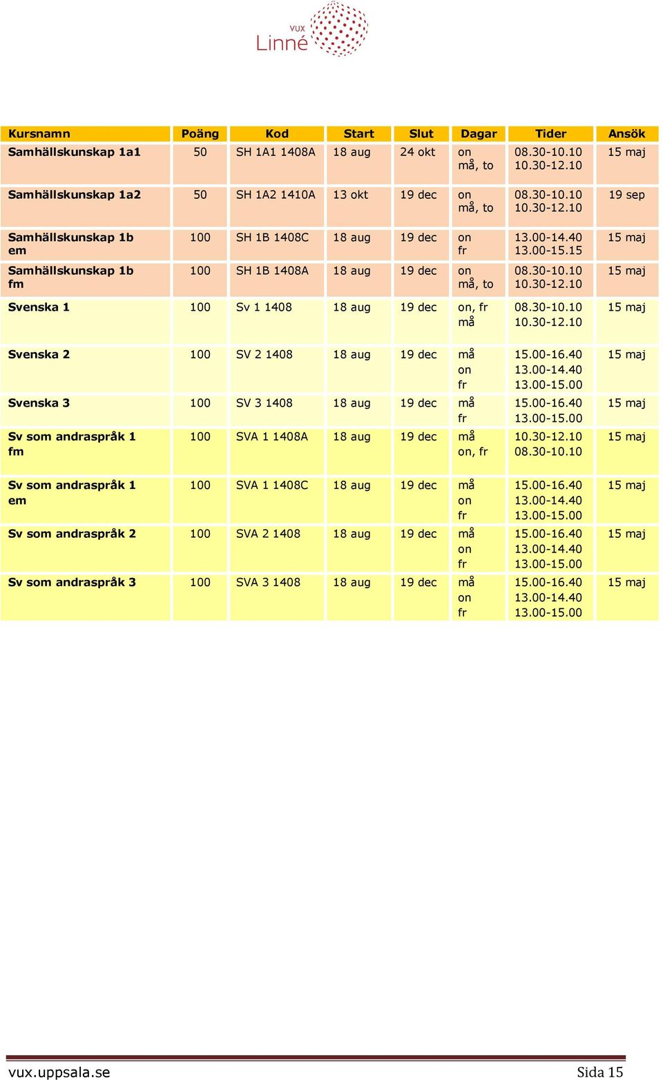 15 Samhällskunskap 1b fm 100 SH 1B 1408A 18 aug 19 dec må, Svenska 1 100 Sv 1 1408 18 aug 19 dec, må Svenska 2 100 SV 2 1408 18 aug 19 dec må Svenska 3 100 SV 3 1408 18 aug 19