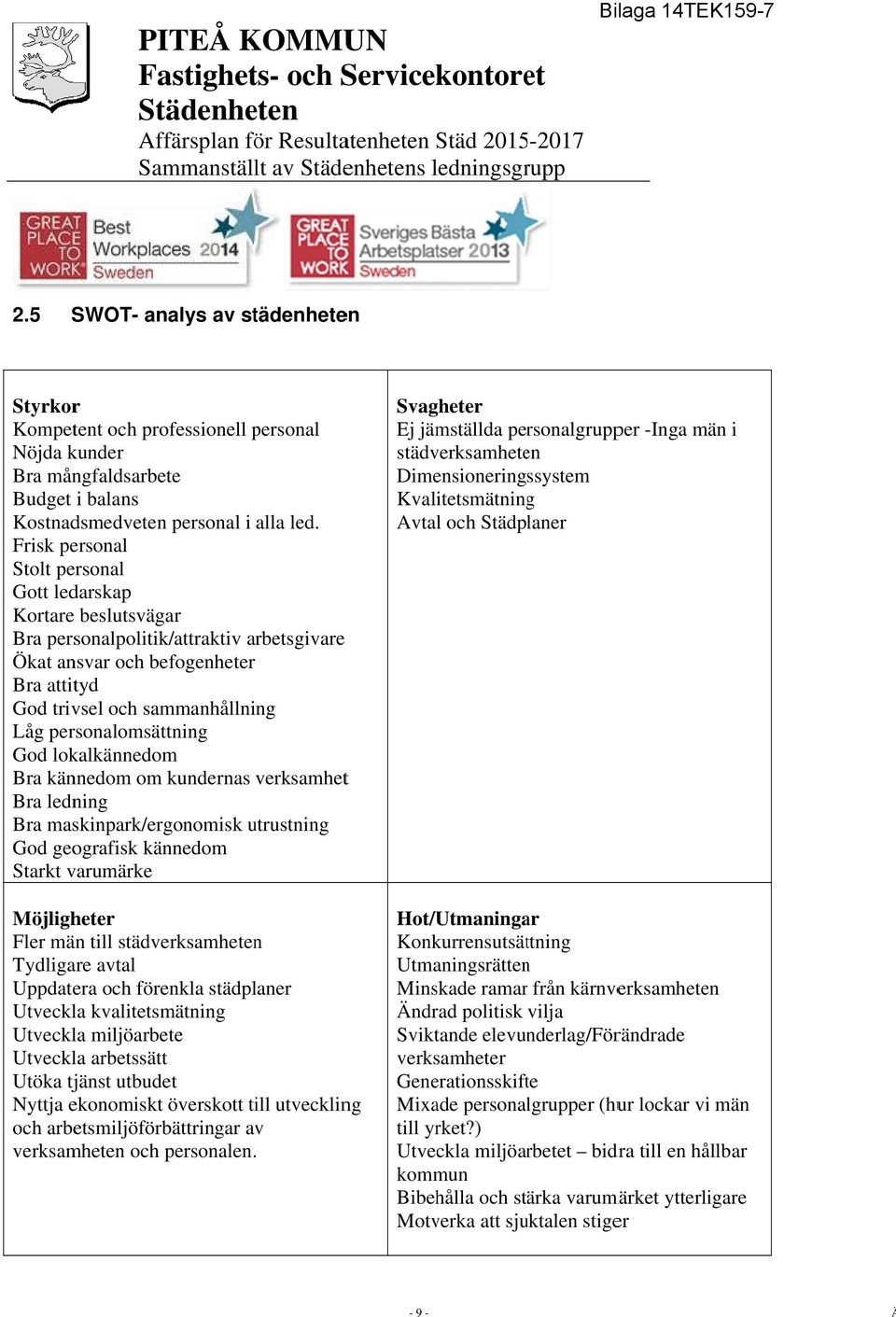 personalomsättning God lokalkännedom Bra kännedom om kundernas verksamhett Bra ledning Bra maskinpark/ergonomisk utrustning God geografisk kännedom Starkt varumärke Möjligheter Fler män till