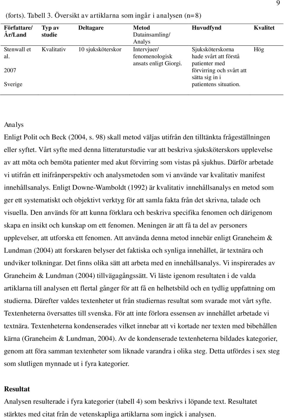 Huvudfynd Sjuksköterskorna hade svårt att förstå patienter med förvirring och svårt att sätta sig in i patientens situation. Kvalitet Hög 9 Analys Enligt Polit och Beck (2004, s.