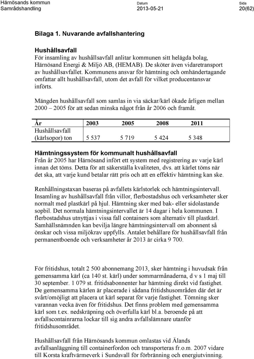 Mängden hushållsavfall som samlas in via säckar/kärl ökade årligen mellan 2000 2005 för att sedan minska något från år 2006 och framåt.