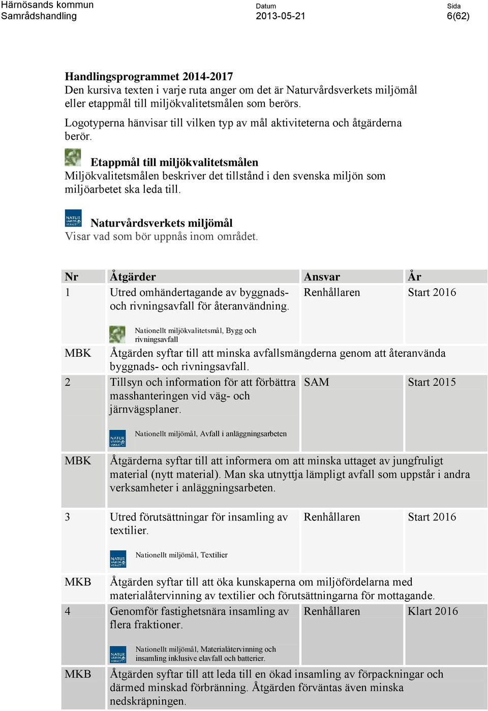 Etappmål till miljökvalitetsmålen Miljökvalitetsmålen beskriver det tillstånd i den svenska miljön som miljöarbetet ska leda till. Naturvårdsverkets miljömål Visar vad som bör uppnås inom området.