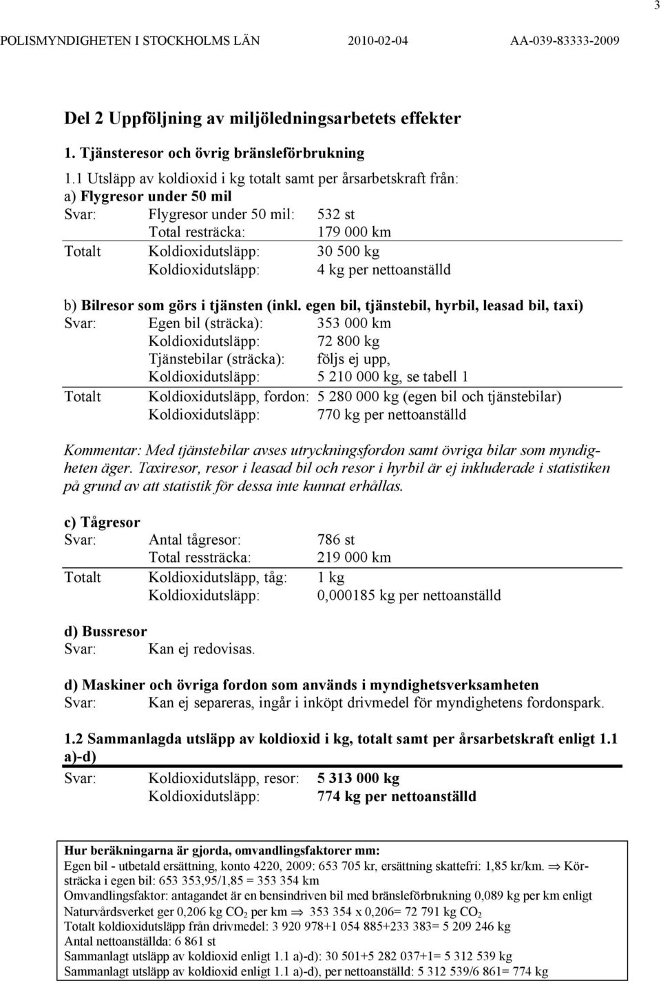 Koldioxidutsläpp: 4 kg per nettoanställd b) Bilresor som görs i tjänsten (inkl.