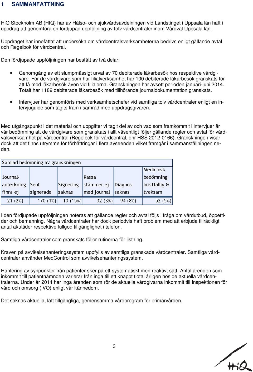 Den fördjupade uppföljningen har bestått av två delar: Genomgång av ett slumpmässigt urval av 70 debiterade läkarbesök hos respektive vårdgivare.