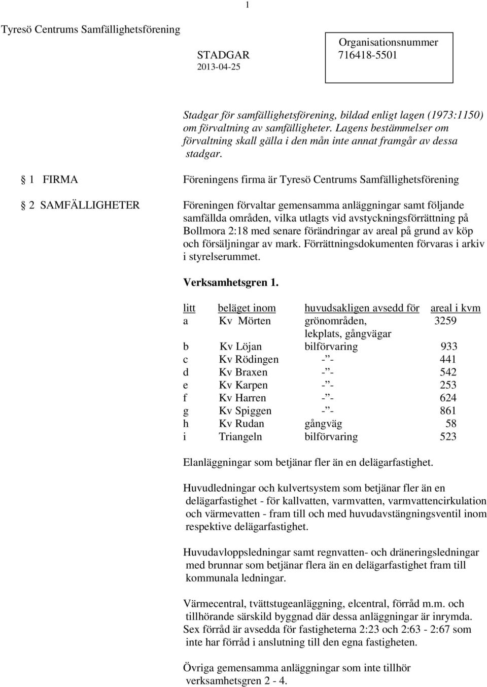 1 FIRMA Föreningens firma är Tyresö Centrums Samfällighetsförening 2 SAMFÄLLIGHETER Föreningen förvaltar gemensamma anläggningar samt följande samfällda områden, vilka utlagts vid