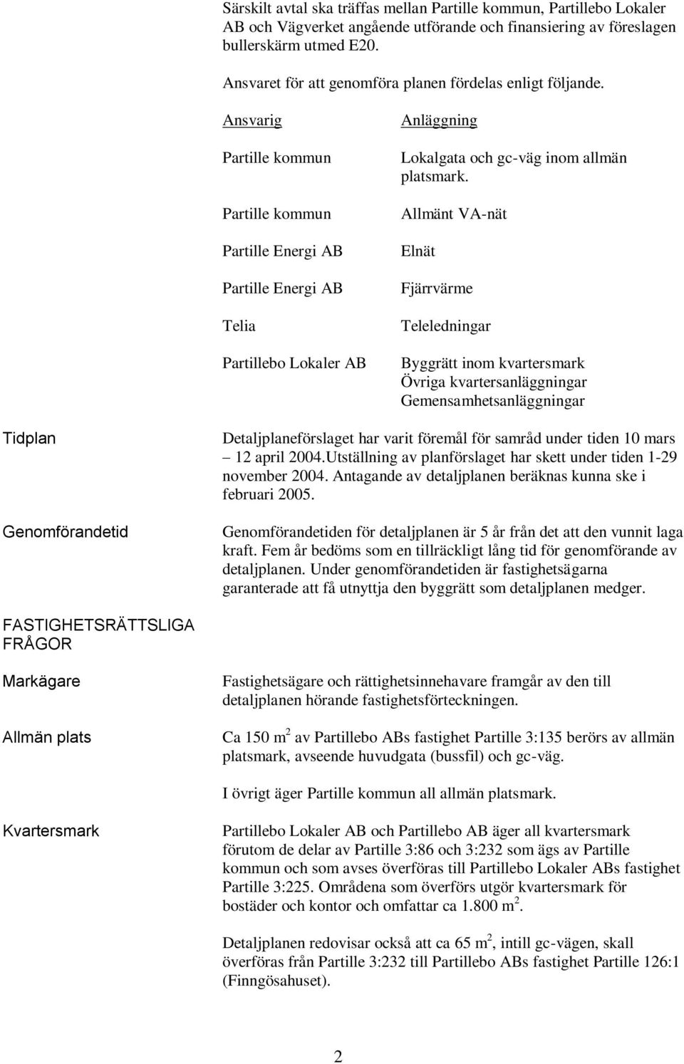 Ansvarig Partille kommun Partille kommun Partille Energi AB Partille Energi AB Telia Partillebo Lokaler AB Anläggning Lokalgata och gc-väg inom allmän platsmark.