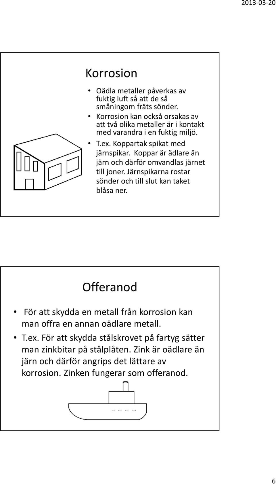 Koppar är ädlare än järn och därför omvandlas järnet till joner. Järnspikarna rostar sönder och till slut kan taket blåsa ner.