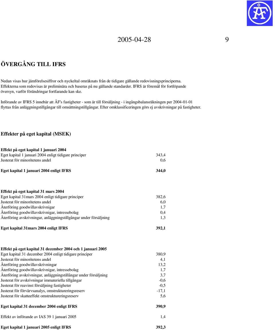 Införande av IFRS 5 innebär att ÅF's fastigheter - som är till försäljning - i ingångsbalansräkningen per 2004-01-01 flyttas från anläggningstillgångar till omsättningstillgångar.