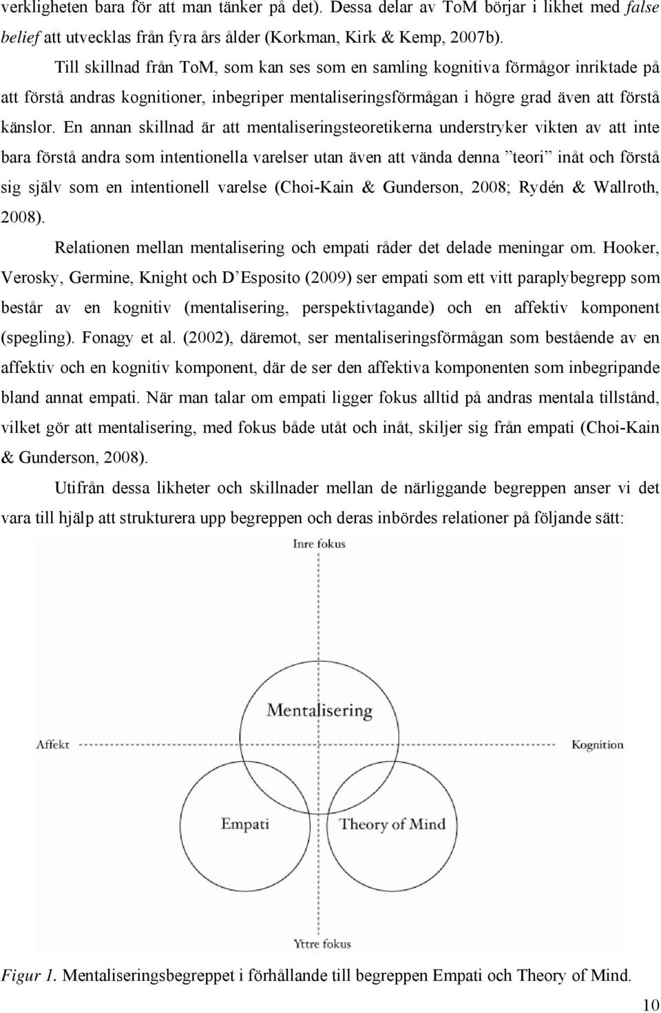 En annan skillnad är att mentaliseringsteoretikerna understryker vikten av att inte bara förstå andra som intentionella varelser utan även att vända denna teori inåt och förstå sig själv som en