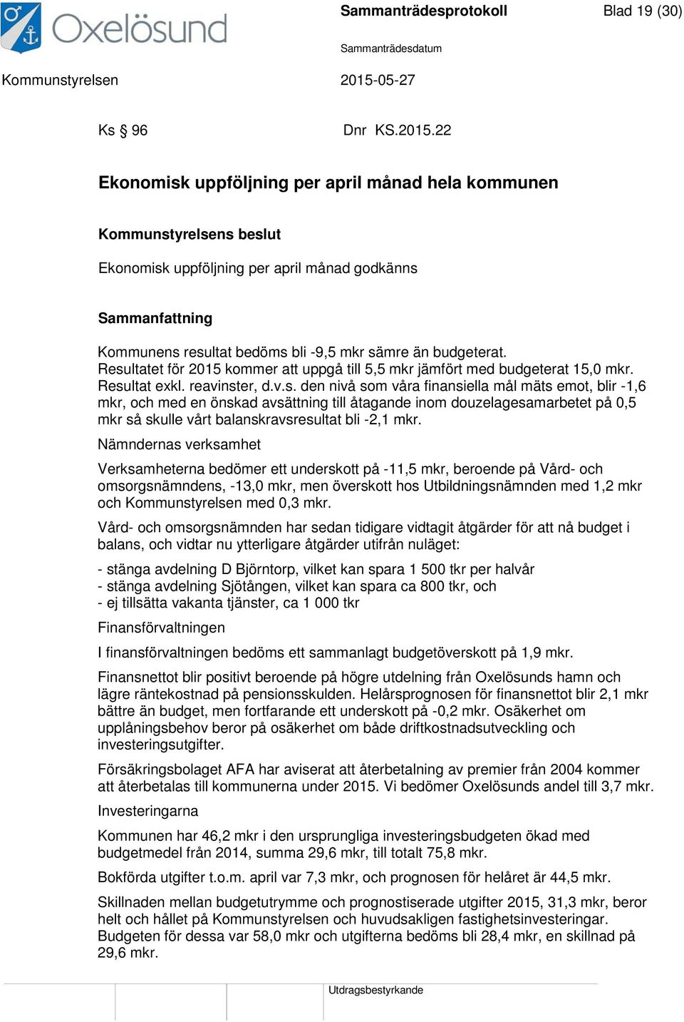 Resultatet för 2015 kommer att uppgå till 5,5 mkr jämfört med budgeterat 15,0 mkr. Resultat exkl. reavinster, d.v.s. den nivå som våra finansiella mål mäts emot, blir -1,6 mkr, och med en önskad avsättning till åtagande inom douzelagesamarbetet på 0,5 mkr så skulle vårt balanskravsresultat bli -2,1 mkr.