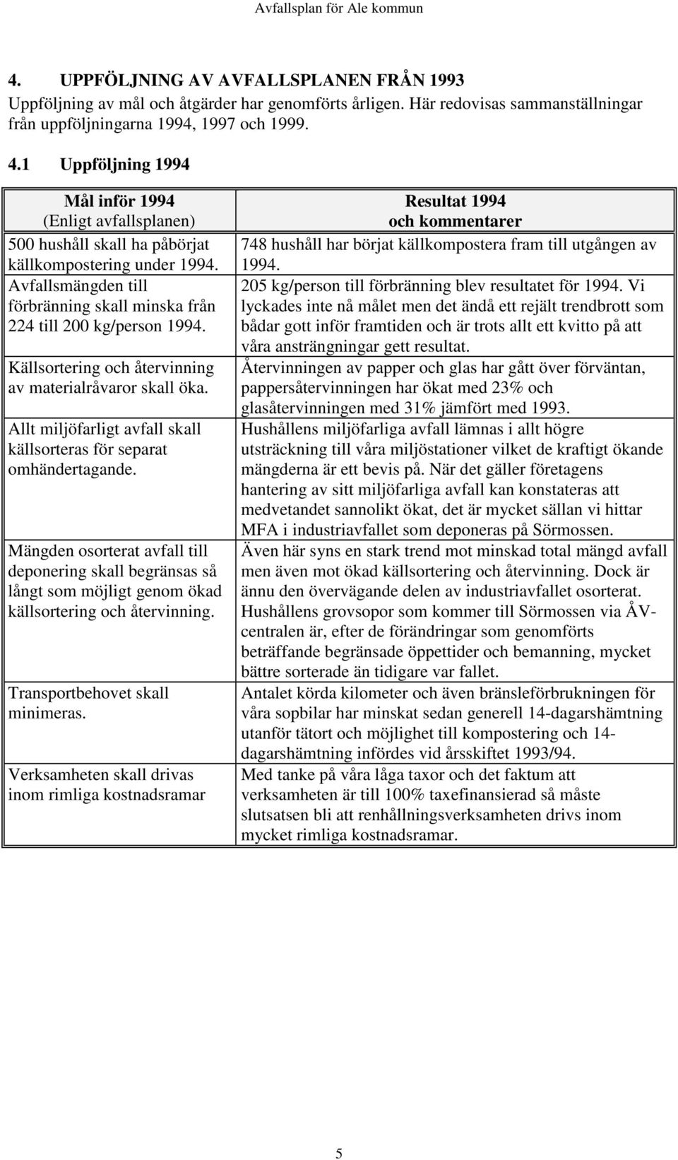 Källsortering och återvinning av materialråvaror skall öka. Allt miljöfarligt avfall skall källsorteras för separat omhändertagande.