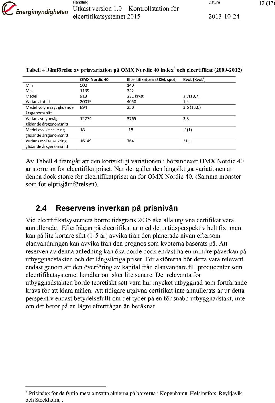 1619 76 21,1 Av Tabell framgår att den kortsiktigt variationen i börsindexet OMX Nordic 0 är större än för elcertifikatpriset.