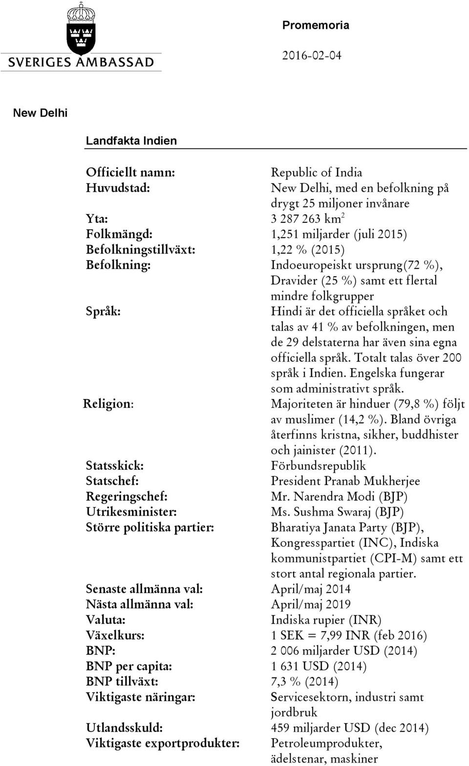 Utrikesminister: Större politiska partier: Hindi är det officiella språket och talas av 41 % av befolkningen, men de 29 delstaterna har även sina egna officiella språk.