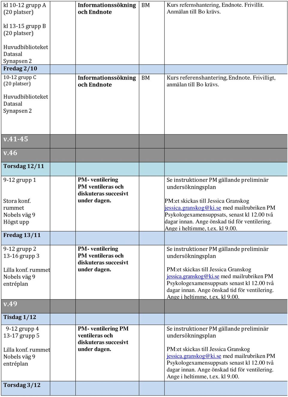 Frivilligt, anmälan till Bo krävs. Huvudbiblioteket Datasal Synapsen 2 v.41-45 v.46 Torsdag 12/11 9-12 grupp 1 Stora konf. rummet Högst upp Fredag 13/11 PM- ventilering PM ventileras och under dagen.