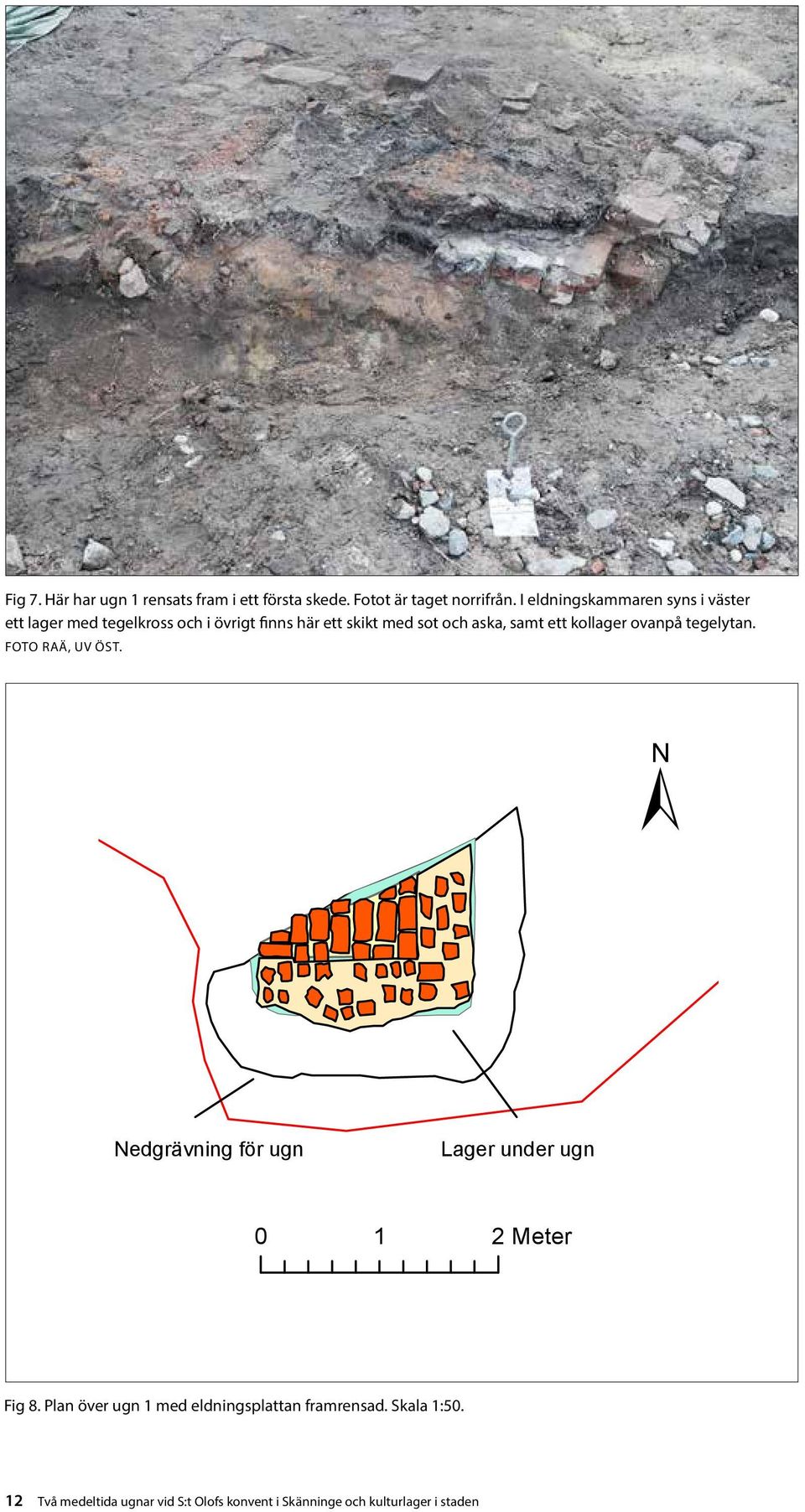 samt ett kollager ovanpå tegelytan. Foto RAÄ, UV Öst. ± Nedgrävning för ugn Lager under ugn 0 1 2 Meter Fig 8.