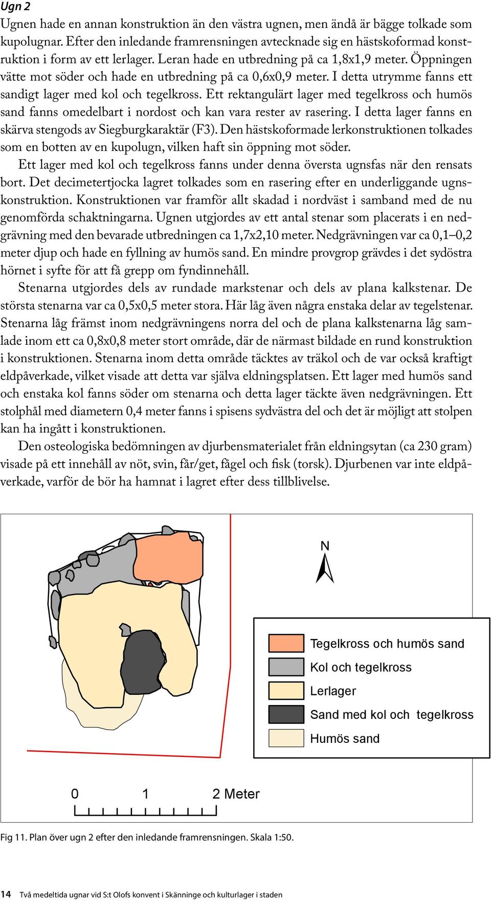 Öppningen vätte mot söder och hade en utbredning på ca 0,6x0,9 meter. I detta utrymme fanns ett sandigt lager med kol och tegelkross.