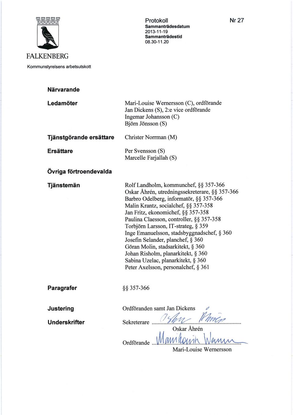 (C) Bjorn Jonsson (S) Christer Norrman (M) Per Svensson (S) Marcelle Farjallah (S) Ovriga fortroendevalda Tjansteman Rolf Landholm, kommunchef, 357-366 Oskar Ahren, utredningssekreterare, 357-366