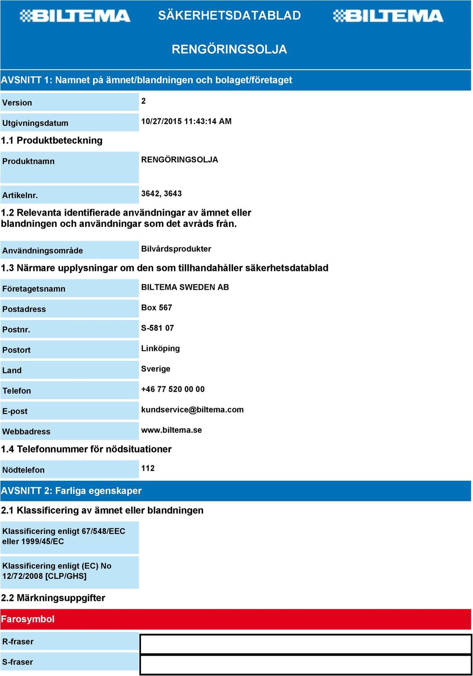 Användningsområde Bilvårdsprodukter 1.3 Närmare upplysningar om den som tillhandahåller säkerhetsdatablad Företagetsnamn BILTEMA SWEDEN AB Postadress Box 567 Postnr.