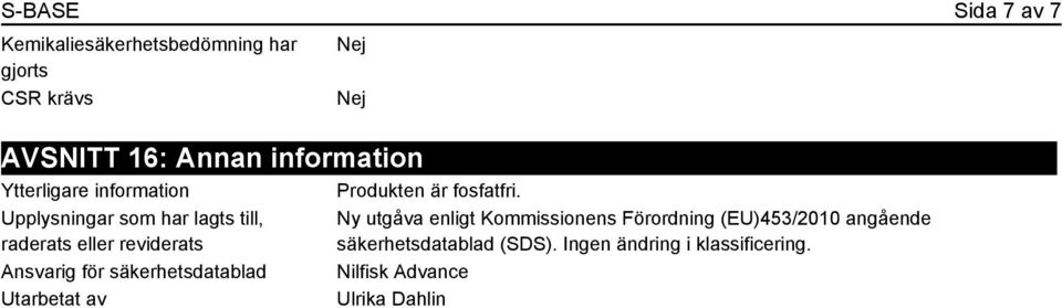 säkerhetsdatablad Utarbetat av Produkten är fosfatfri.