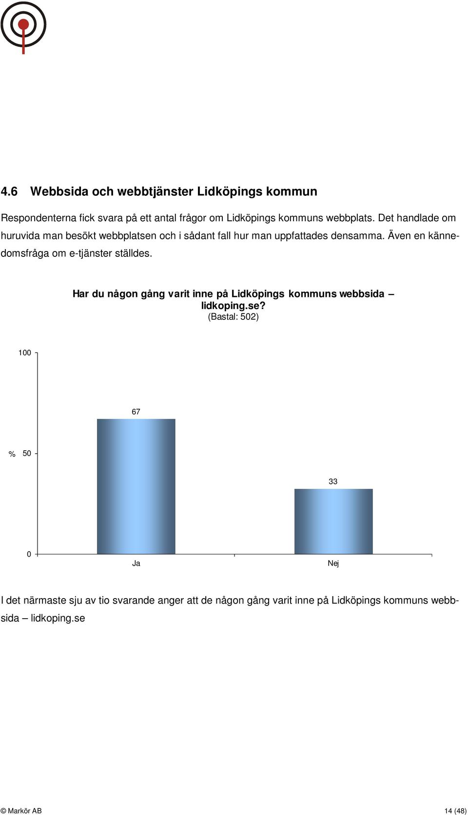 Även en kännedomsfråga om e-tjänster ställdes. Har du någon gång varit inne på Lidköpings kommuns webbsida lidkoping.se?