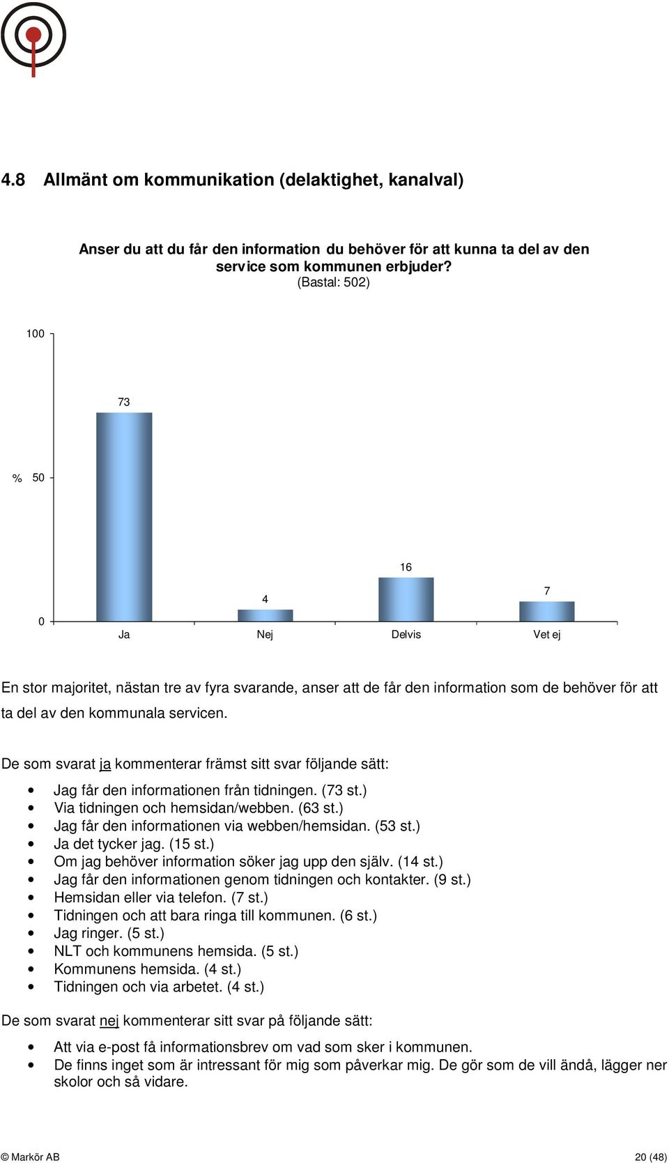 De som svarat ja kommenterar främst sitt svar följande sätt: Jag får den informationen från tidningen. (73 st.) Via tidningen och hemsidan/webben. (63 st.