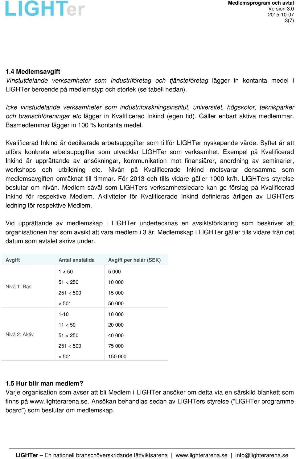 Basmedlemmar lägger in 100 % kontanta medel. Kvalificerad Inkind är dedikerade arbetsuppgifter som tillför LIGHTer nyskapande värde.