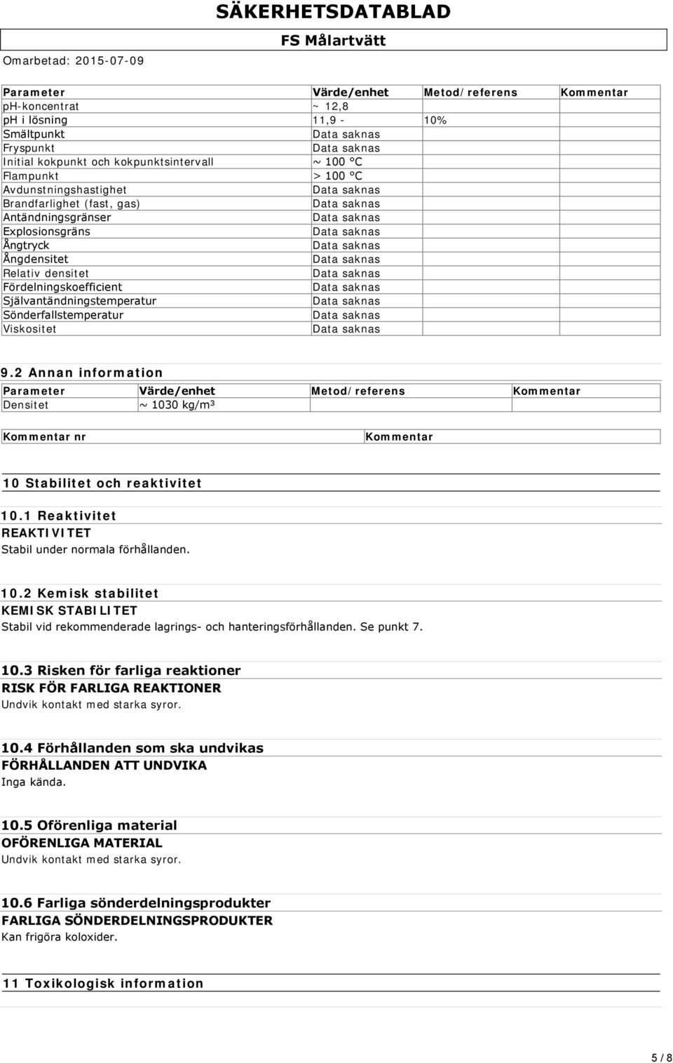 2 Annan information Parameter Värde/enhet Metod/referens Kommentar Densitet ~ 1030 kg/m³ Kommentar nr Kommentar 10 Stabilitet och reaktivitet 10.