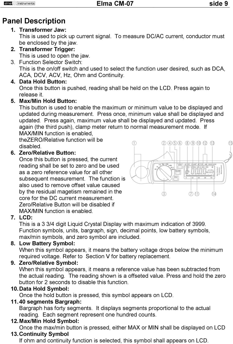 Function Selector Switch: This is the on/off switch and used to select the function user desired, such as DCA, ACA, DCV, ACV, Hz, Ohm and Continuity. 4.