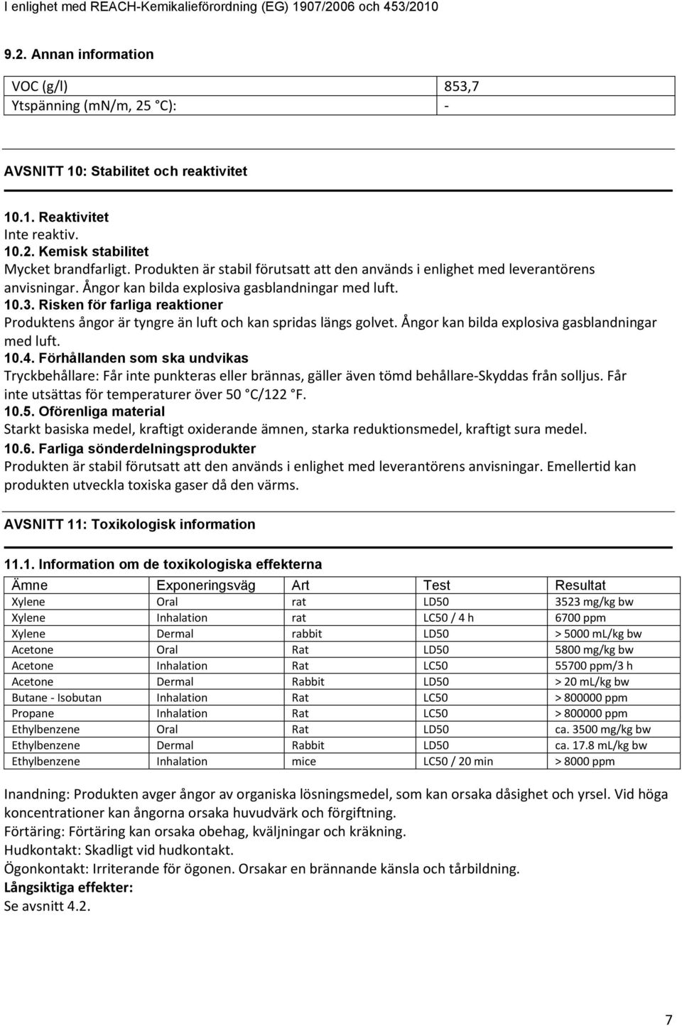 Risken för farliga reaktioner Produktens ångor är tyngre än luft och kan spridas längs golvet. Ångor kan bilda explosiva gasblandningar med luft. 10.4.