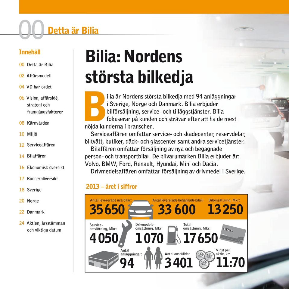 Danmark. Bilia erbjuder bilförsäljning, service- och tilläggstjänster. Bilia fokuserar på kunden och strävar efter att ha de mest nöjda kunderna i branschen.