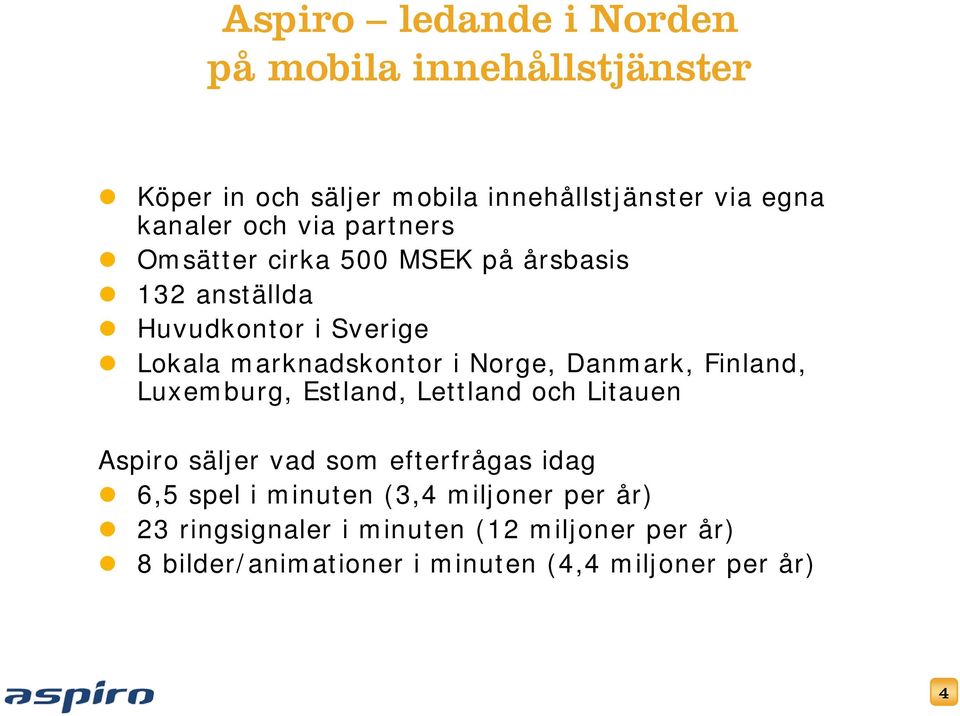 Danmark, Finland, Luxemburg, Estland, Lettland och Litauen Aspiro säljer vad som efterfrågas idag 6,5 spel i minuten