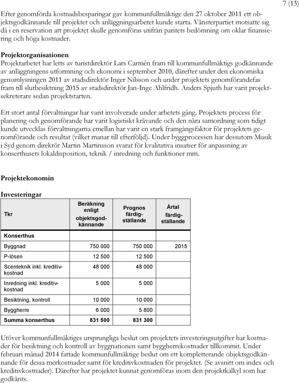 7 (13) Projektorganisationen Projektarbetet har letts av turistdirektör Lars Carmén fram till kommunfullmäktigs godkännande av anläggningens utformning och ekonomi i september 2010, därefter under