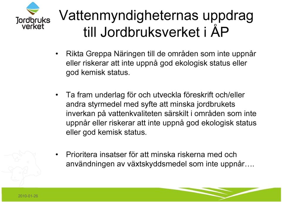 Ta fram underlag för och utveckla föreskrift och/eller andra styrmedel med syfte att minska jordbrukets inverkan på vattenkvaliteten