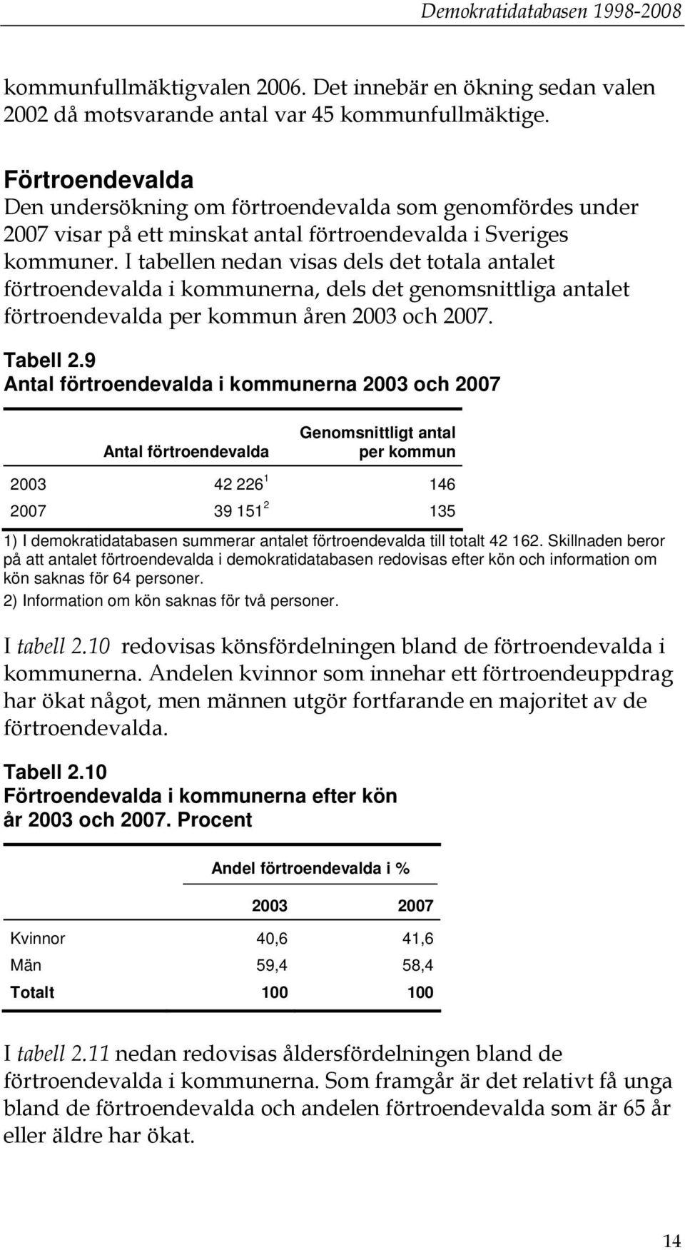 I tabellen nedan visas dels det totala antalet förtroendevalda i kommunerna, dels det genomsnittliga antalet förtroendevalda per kommun åren 2003 och 2007. Tabell 2.