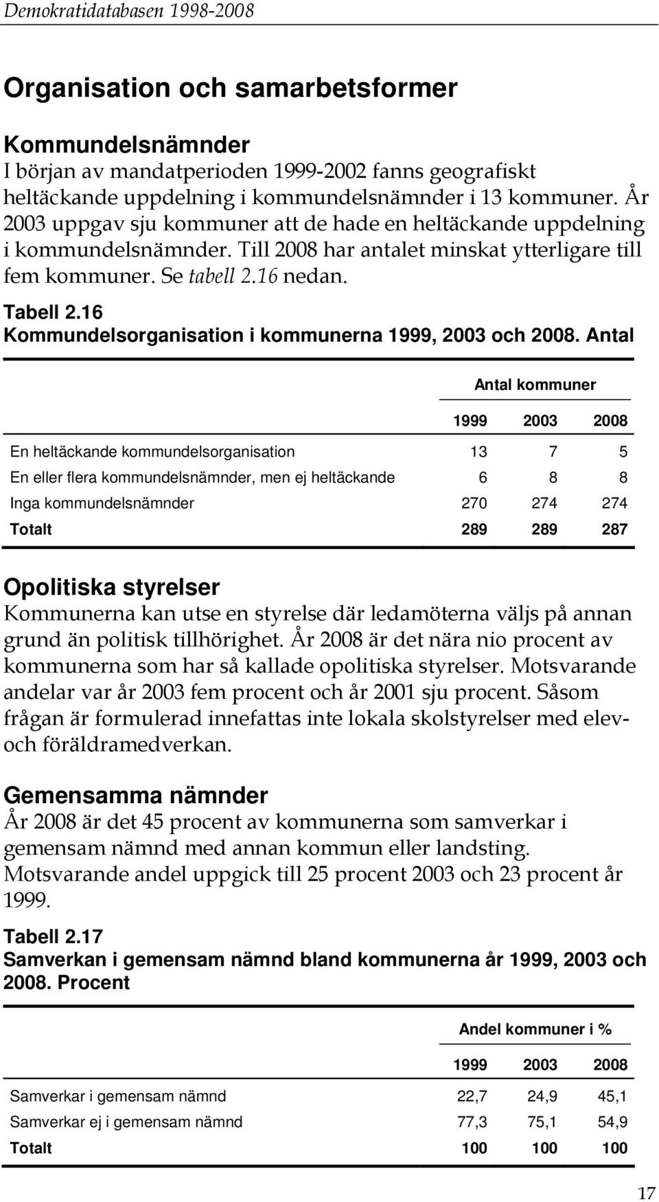 16 Kommundelsorganisation i kommunerna 1999, 2003 och 2008.