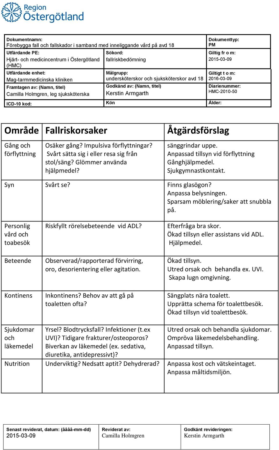 Personlig vård och toabesök Beteende Kontinens Riskfyllt rörelsebeteende vid ADL? Observerad/rapporterad förvirring, oro, desorientering eller agitation. Inkontinens?