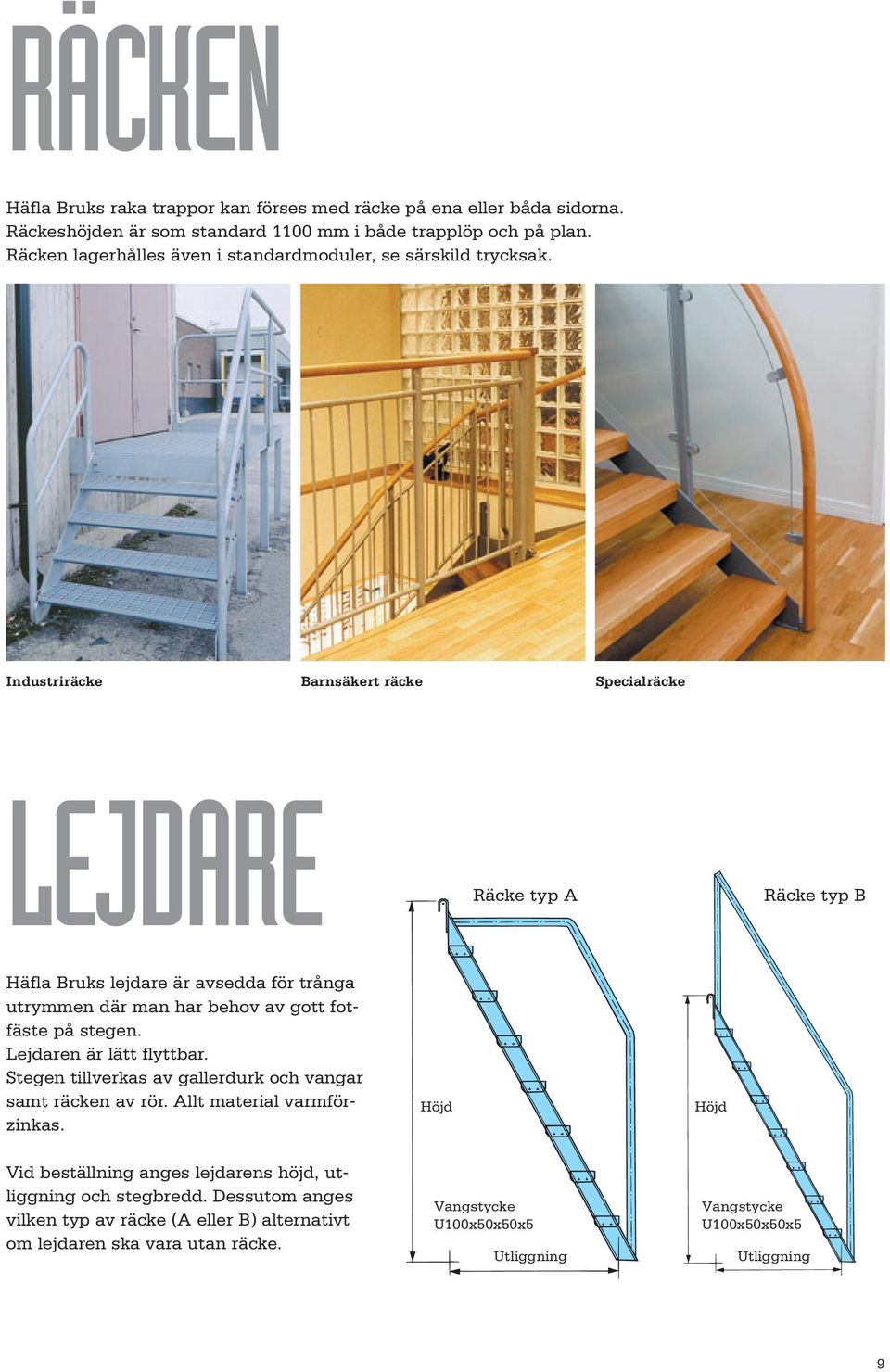 Industriräcke Barnsäkert räcke Specialräcke LEJDARE Räcke typ A Räcke typ B Häfla Bruks lejdare är avsedda för trånga utrymmen där man har behov av gott fotfäste på stegen.