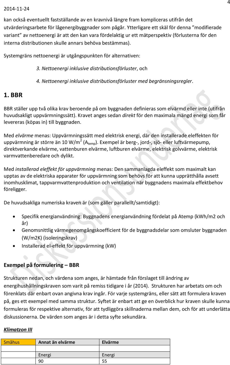 Systemgräns nettoenergi är utgångspunkten för alternativen: 1. BBR 3. Nettoenergi inklusive distributionsförluster, och 4. Nettoenergi inklusive distributionsförluster med begränsningsregler.