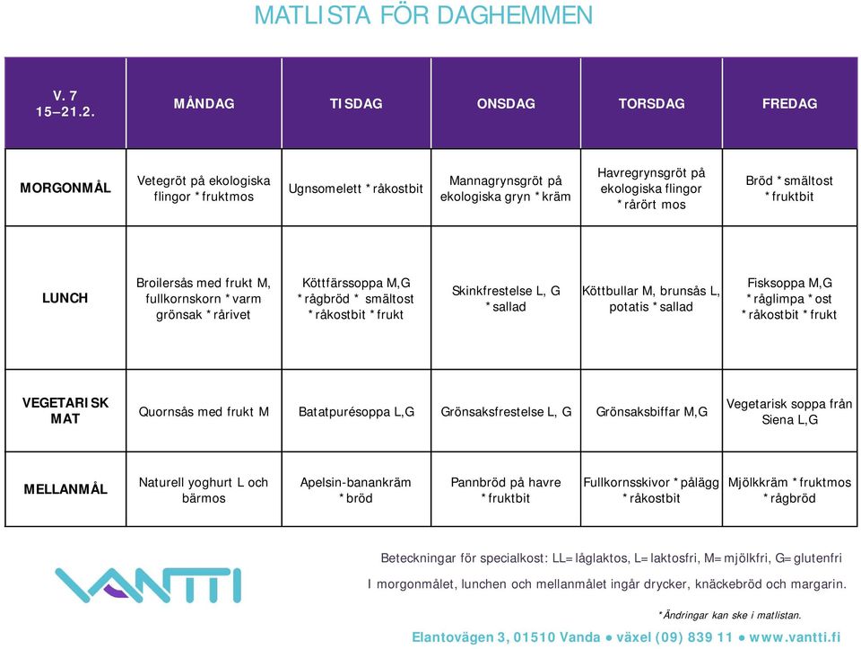 fullkornskorn *varm grönsak *rårivet Köttfärssoppa M,G *rågbröd * smältost *frukt Skinkfrestelse L, G Köttbullar M, brunsås L, potatis Fisksoppa