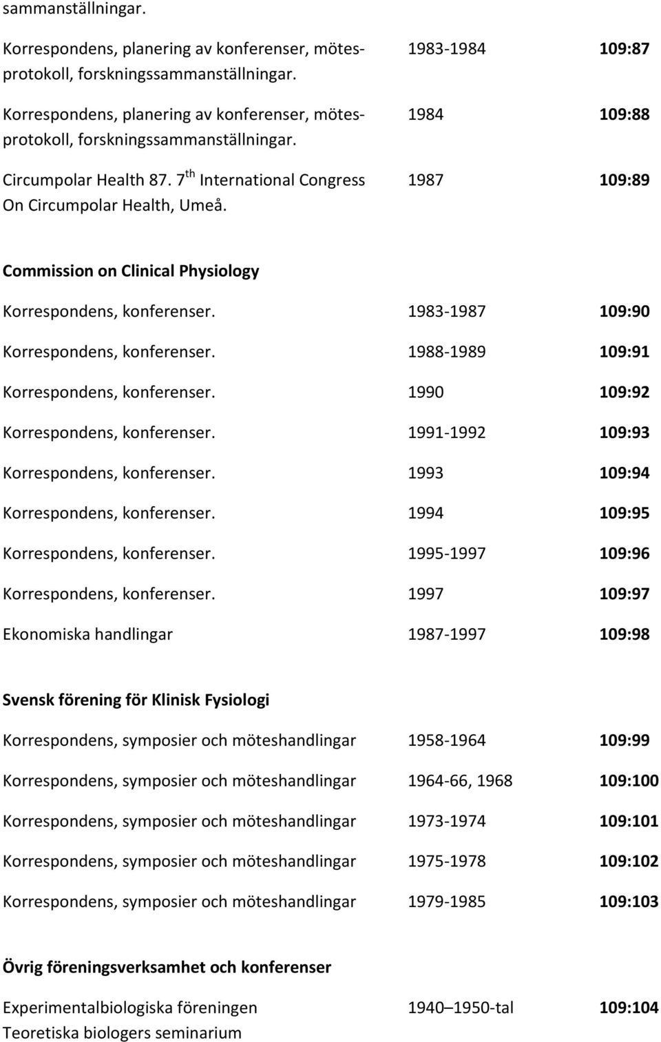 Commission on Clinical Physiology Korrespondens, konferenser. 1983 1987 109:90 Korrespondens, konferenser. 1988 1989 109:91 Korrespondens, konferenser. 1990 109:92 Korrespondens, konferenser.