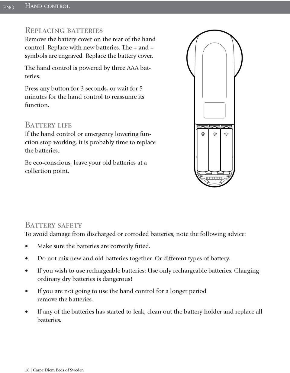 Battery life If the hand control or emergency lowering function stop working, it is probably time to replace the batteries. Be eco-conscious, leave your old batteries at a collection point.