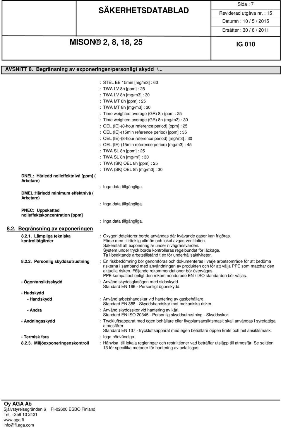 Begränsning av exponeringen : STEL EE 15min [mg/m3] : 60 : TWA LV 8h [ppm] : 25 : TWA LV 8h [mg/m3] : 30 : TWA MT 8h [ppm] : 25 : TWA MT 8h [mg/m3] : 30 : Time weighted average (GR) 8h (ppm : 25 :