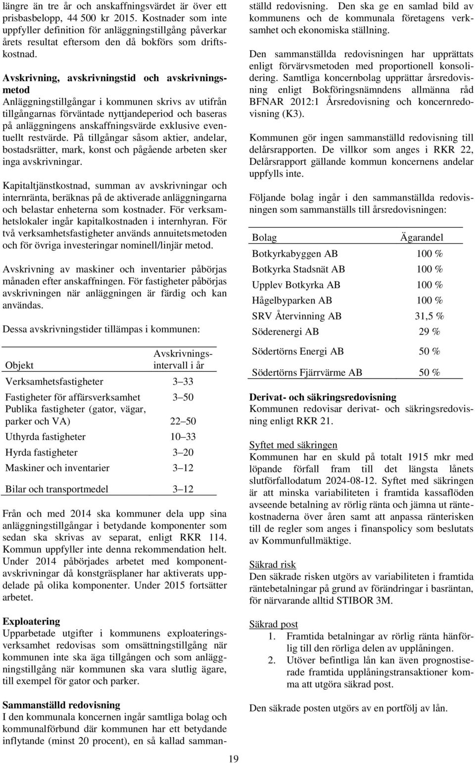 Avskrivning, avskrivningstid och avskrivningsmetod Anläggningstillgångar i kommunen skrivs av utifrån tillgångarnas förväntade nyttjandeperiod och baseras på anläggningens anskaffningsvärde exklusive