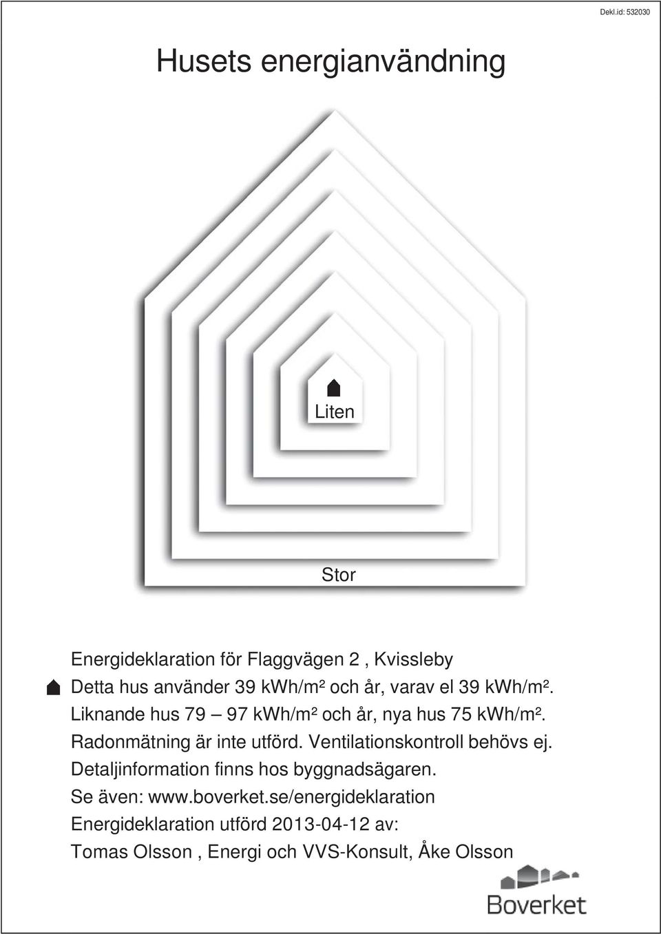 Radonmätning är inte utförd. Ventilationskontroll behövs ej. Detaljinformation finns hos byggnadsägaren.