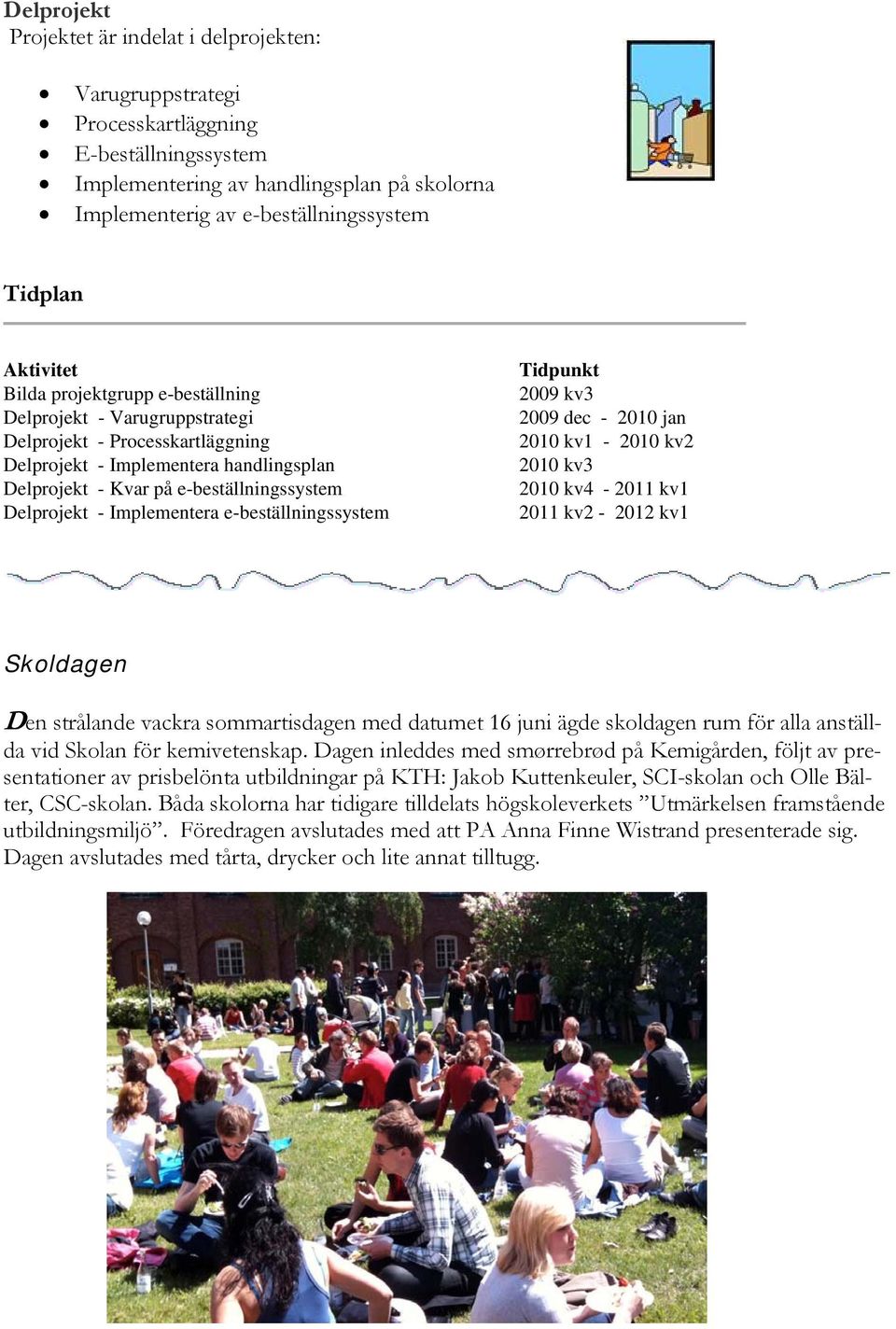 - Implementera e-beställningssystem Tidpunkt 2009 kv3 2009 dec - 2010 jan 2010 kv1-2010 kv2 2010 kv3 2010 kv4-2011 kv1 2011 kv2-2012 kv1 Skoldagen Den strålande vackra sommartisdagen med datumet 16