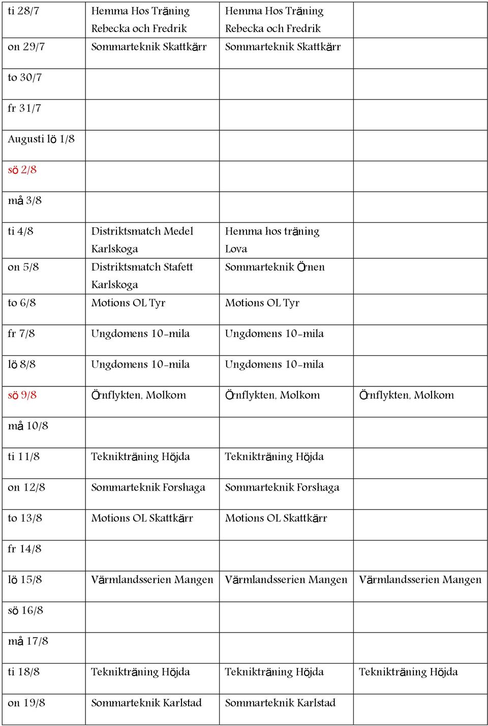 Örnflykten, Molkom Örnflykten, Molkom må 10/8 ti 11/8 Teknikträning Höjda Teknikträning Höjda on 12/8 Sommarteknik Forshaga Sommarteknik Forshaga to 13/8 Motions OL Skattkärr Motions OL Skattkärr fr