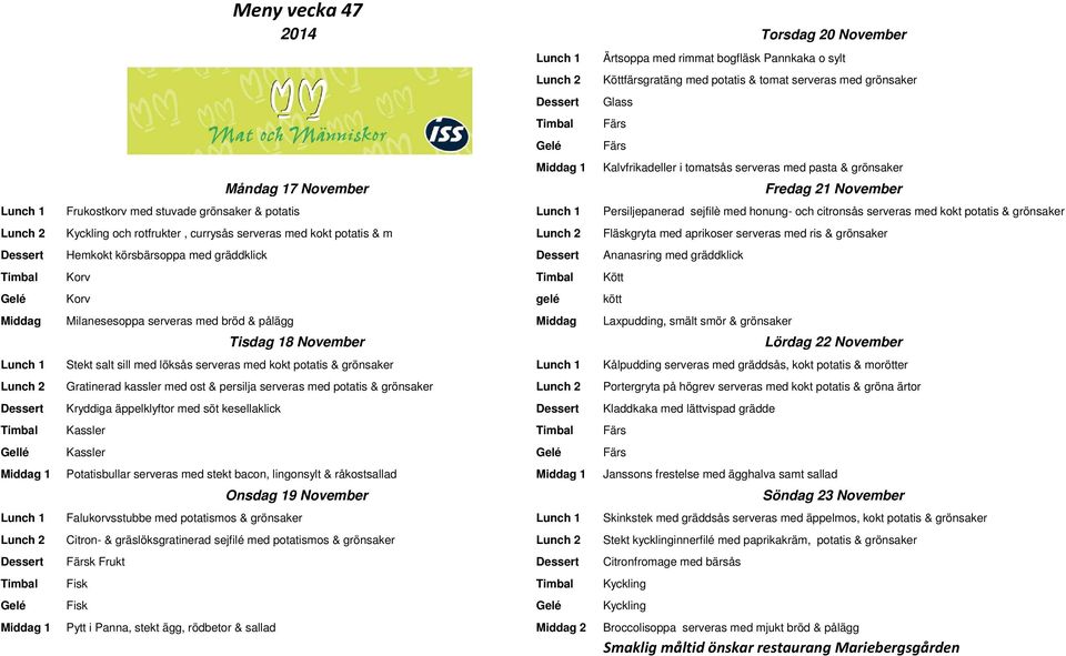 rotfrukter, currysås serveras med kokt potatis & m Fläskgryta med aprikoser serveras med ris & grönsaker Hemkokt körsbärsoppa med gräddklick Ananasring med gräddklick Kött gelé kött Milanesesoppa