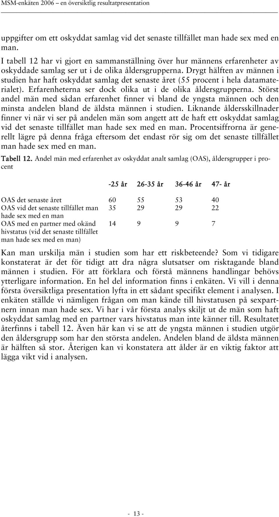 Drygt hälften av männen i studien har haft oskyddat samlag det senaste året (55 procent i hela datamaterialet). Erfarenheterna ser dock olika ut i de olika åldersgrupperna.