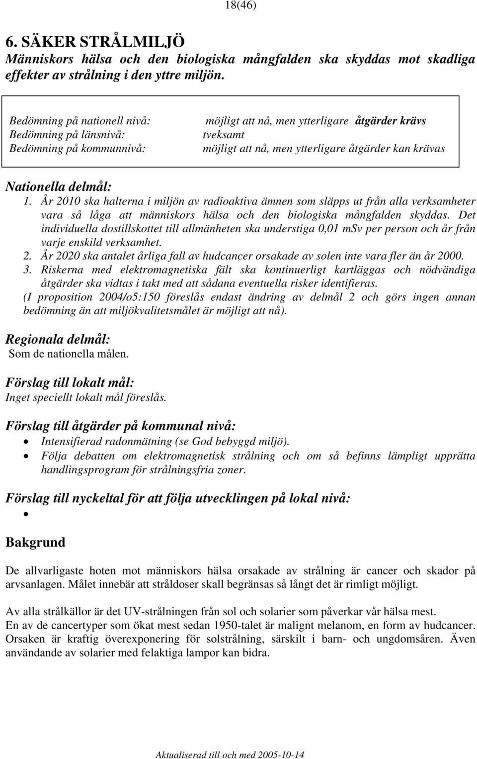 delmål: 1. År 2010 ska halterna i miljön av radioaktiva ämnen som släpps ut från alla verksamheter vara så låga att människors hälsa och den biologiska mångfalden skyddas.