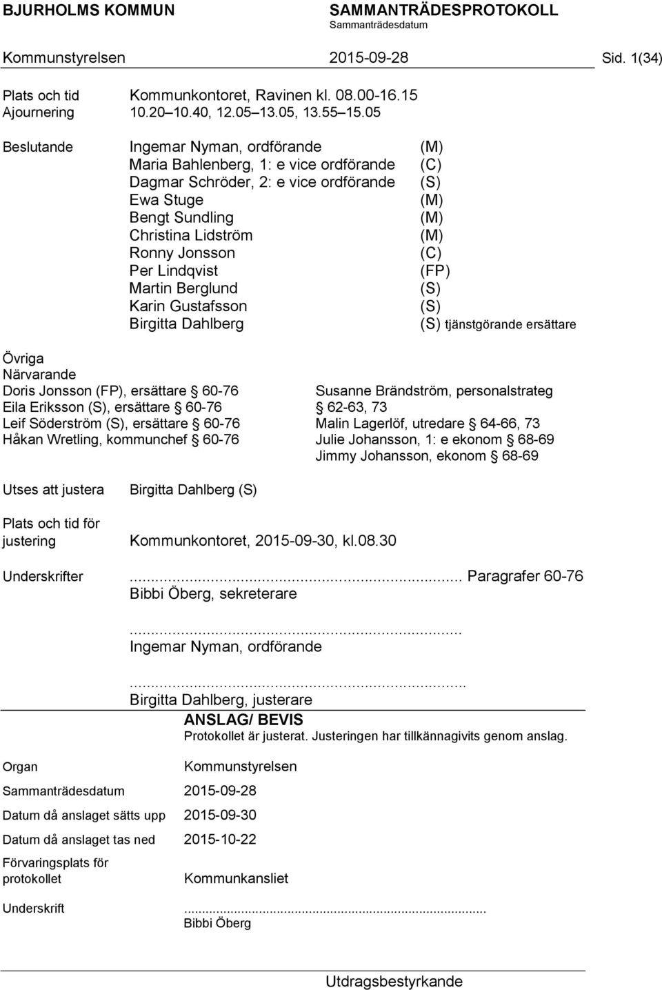 (C) Per Lindqvist (FP) Martin Berglund (S) Karin Gustafsson (S) Birgitta Dahlberg (S) tjänstgörande ersättare Övriga Närvarande Doris Jonsson (FP), ersättare 60-76 Eila Eriksson (S), ersättare 60-76